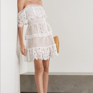 Self-Portrait Off-the-shoulder guipure lace mini dress